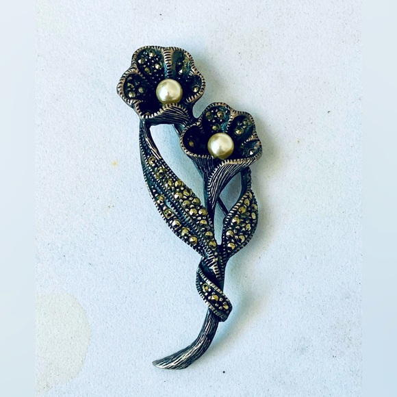 Vintage Sterling Silver Marcasites Flower Brooch Signed CN - Picture 10 of 10